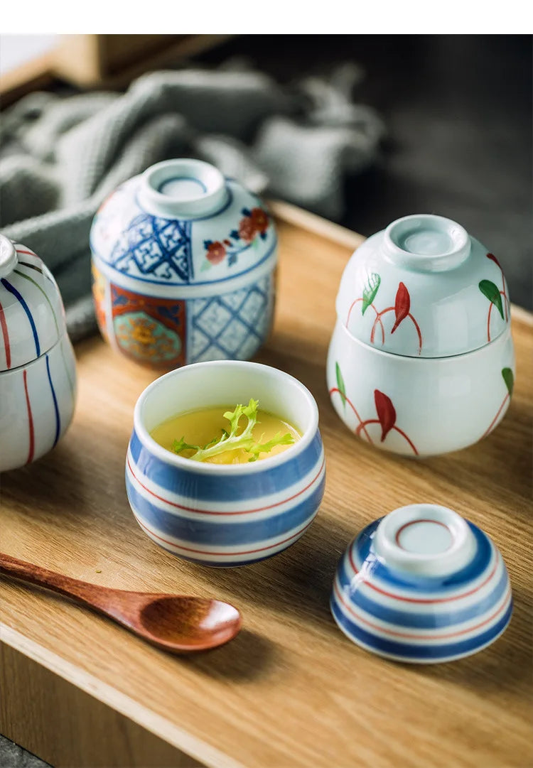 Handmålade japanska keramiska dessertskålar med lock, set
