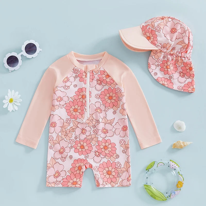 Let holdbar toddler pigebadedragt med rashguard - langærmet blomster flamingo print, polyester elastan, strandtøj