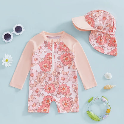 Let holdbar toddler pigebadedragt med rashguard - langærmet blomster flamingo print, polyester elastan, strandtøj