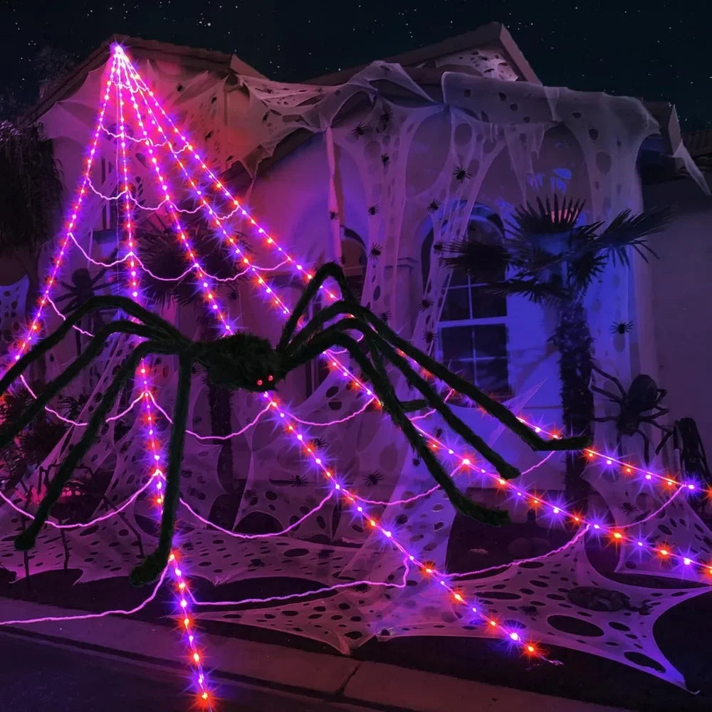 Halloween Spider Web with 290 LED Lights - Giant Outdoor Spider Decoration with 78.7" Spider