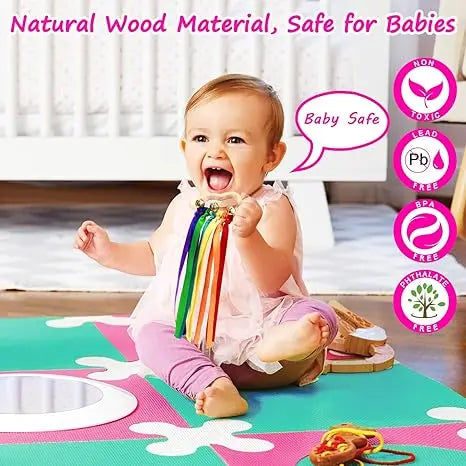 Montessori Rainbow Sensory Toy for Newborns and Toddlers - Colorful Ribbons on Hardwood Grasp Toy, Safe and Engaging