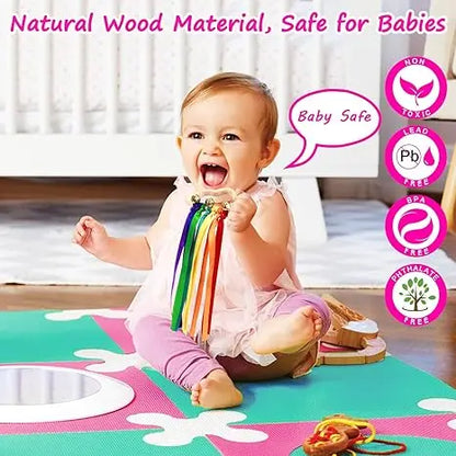Montessori Rainbow Sensory Toy for Newborns and Toddlers - Colorful Ribbons on Hardwood Grasp Toy, Safe and Engaging
