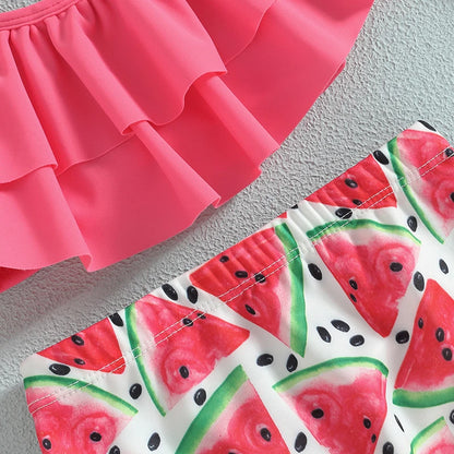 Costume bikini morbido per ragazze - top corto con volant e collo allacciato, stampa squame di sirena, pantaloncini, poliestere, per vacanze estive