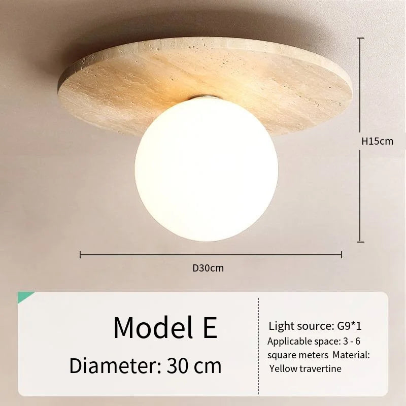 Japandi Travertine Ceiling Light Wood Cap Round Mid Century Lamp