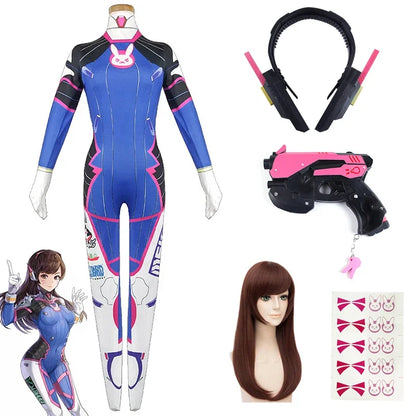 Overwatch DVa Meka Pilot Zentai Jumpsuit Cosplay Costume Set with Wig Headphones and Gun Props 2026
