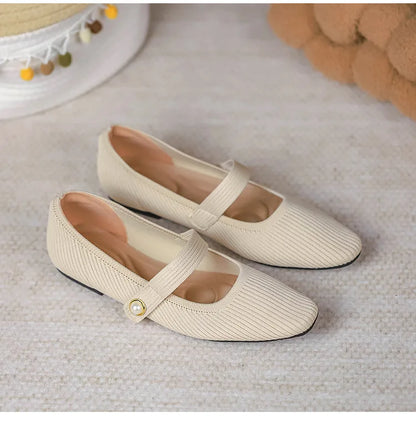 Stretchy Women Mary Jane Flats - Ribbed Knit For Spring