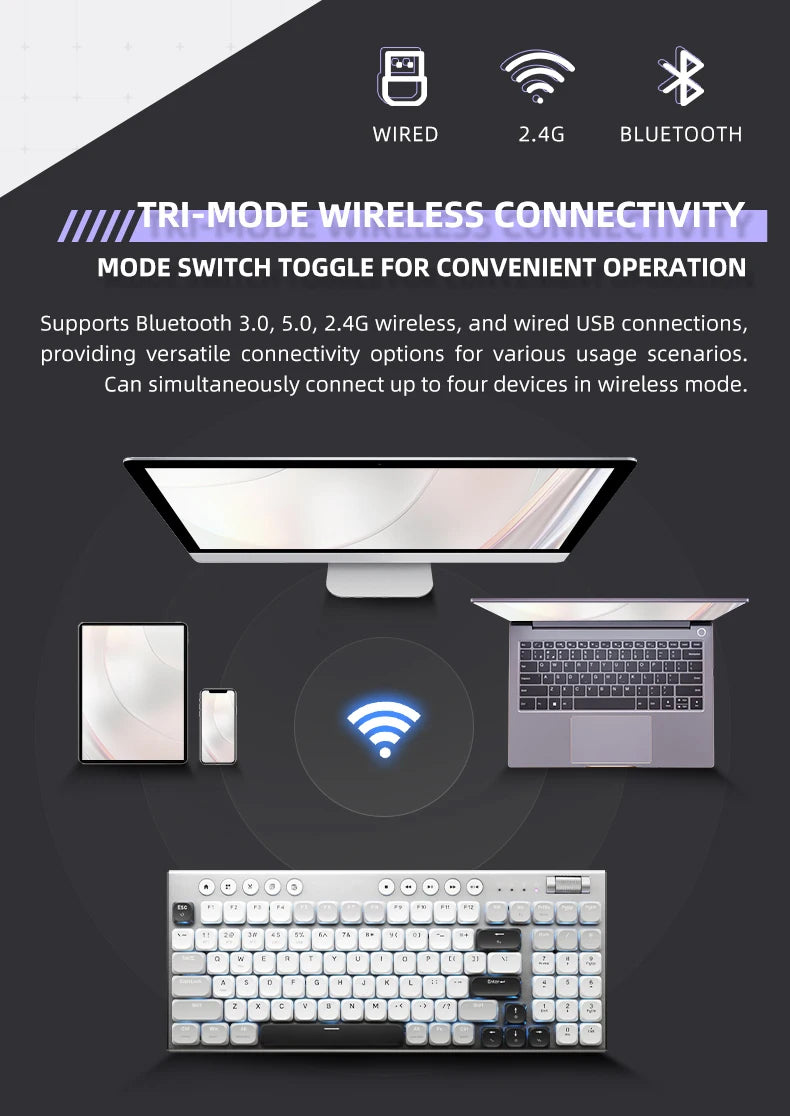 Teclado mecánico inalámbrico de perfil bajo 98 teclas PBT