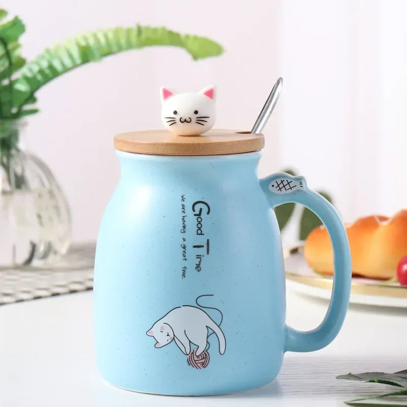 Ceramic Mug With Wooden Lid And Spoon Cute Cartoon Cat Design Gift Ready Spring 2026 Kitchen Essential