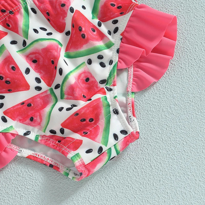 Costume bikini morbido per ragazze - top corto con volant e collo allacciato, stampa squame di sirena, pantaloncini, poliestere, per vacanze estive