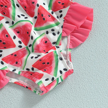 Costume bikini morbido per ragazze - top corto con volant e collo allacciato, stampa squame di sirena, pantaloncini, poliestere, per vacanze estive