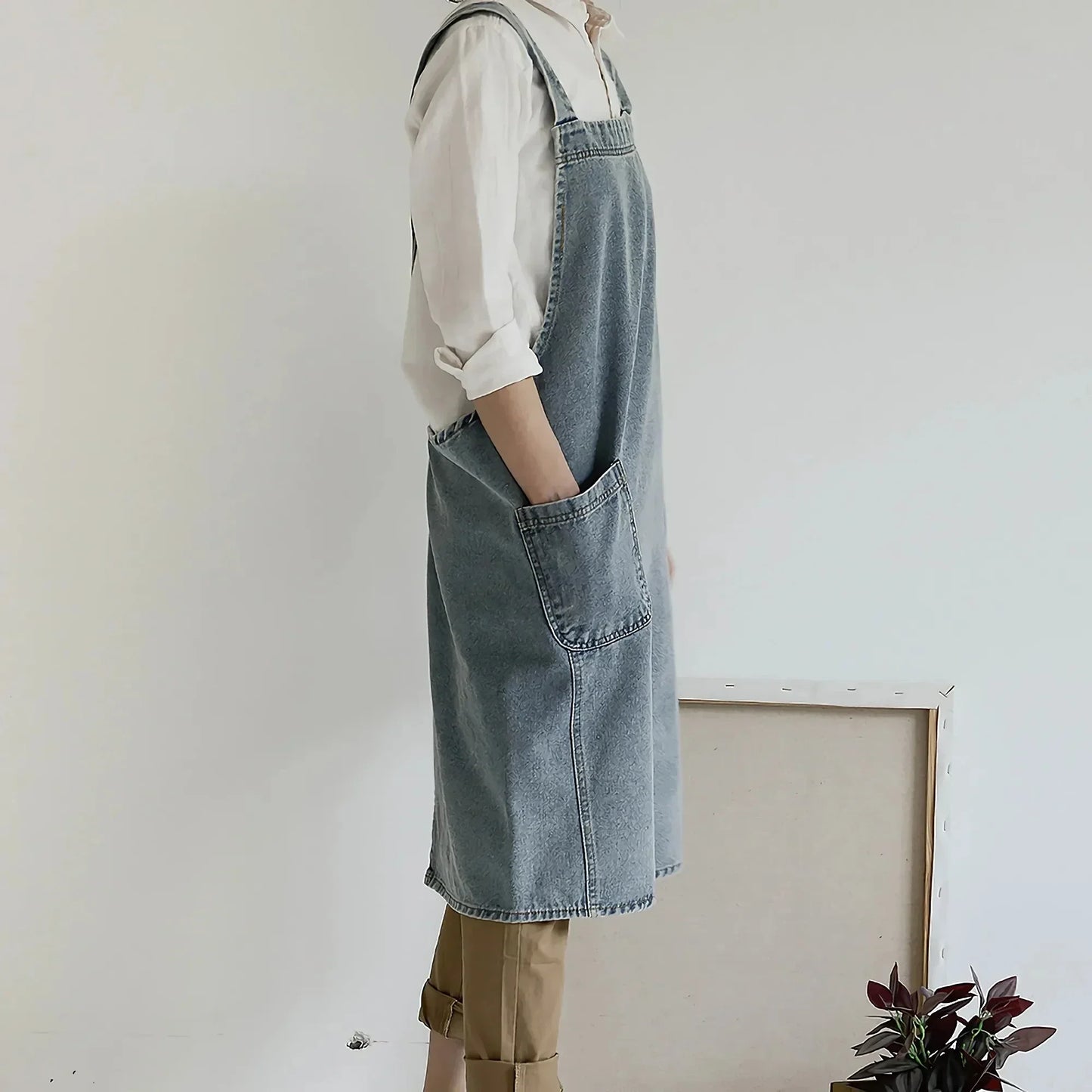 Denim Apron Washed Cotton Canvas Korean Dress Apron Fall 2025 Kitchen Garden Cooking Apron With Pockets