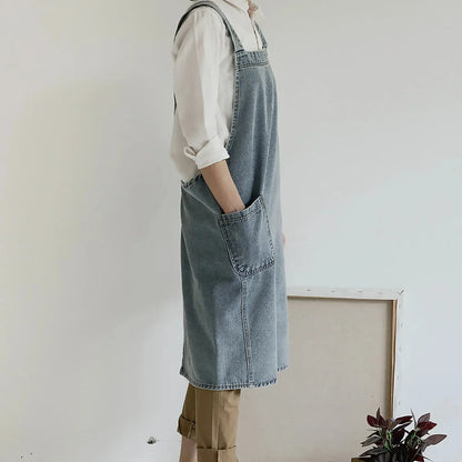 Denim Apron Washed Cotton Canvas Korean Dress Apron Fall 2025 Kitchen Garden Cooking Apron With Pockets