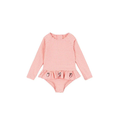 Lightweight Girls Swimsuit – long sleeve one-piece, plaid print, strawberry sequin accents, polyester, nylon, for summer