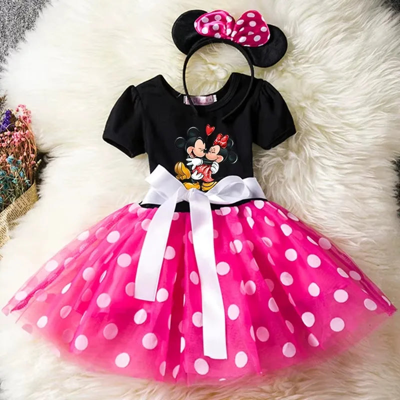 Leichtes Mädchenkleid mit Minnie-Maus-Motiv – knielanger Tupfen-Tutu, Baumwoll-Polyester-Voile, Geburtstagsfeier