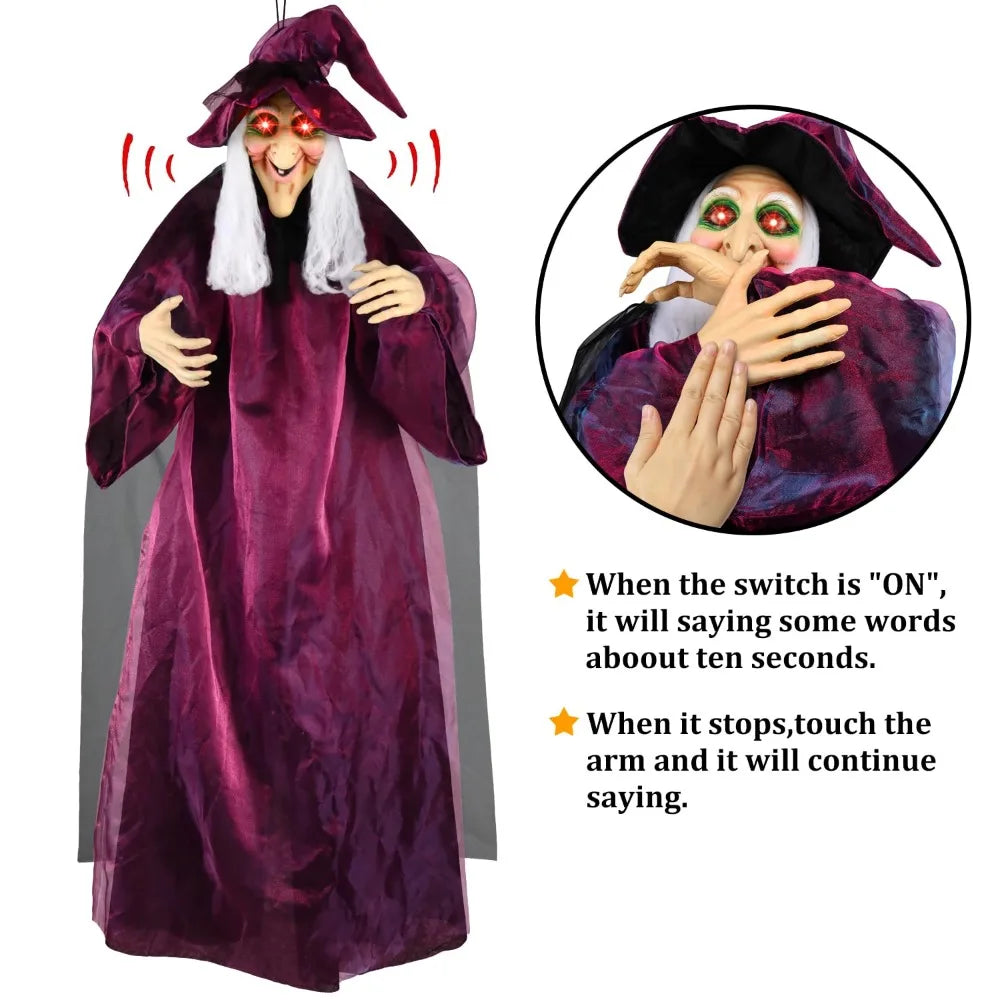 6-Foot Life-Size Animated Talking Witch in Purple – Sound-Activated Halloween Witch with Glowing Eyes and Screeching Sound for Indoor and Outdoor Decor