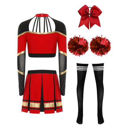 Cosplaykostuum voor cheerleaderoptredens voor vrouwen, crop-top met lange mouwen en geplooide rok met pompons 2026