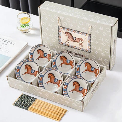 Japansk handmålad keramisk skålsats med ätpinnar