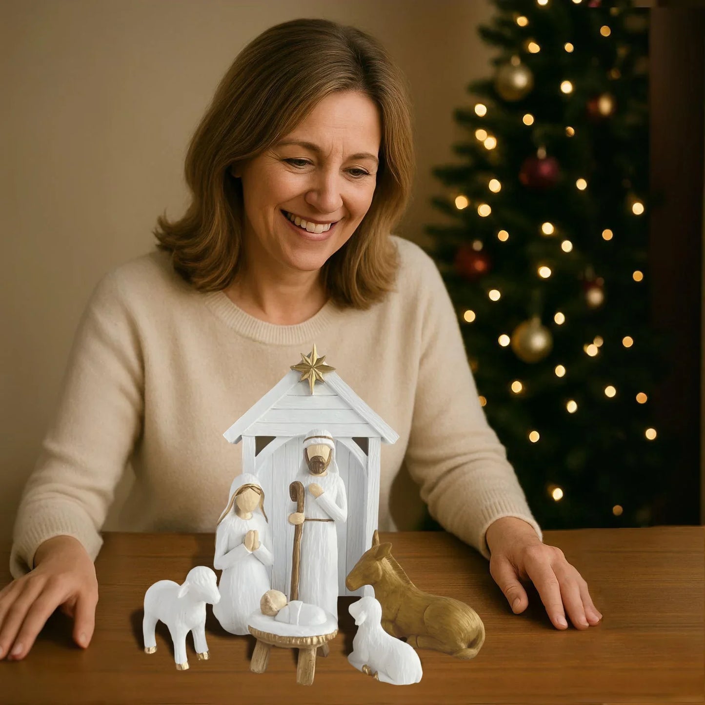 Nativity Scene Large 7-Piece Set White And Gold Resin Figures Faceless Holy Family Christmas Decor 2025 Gift