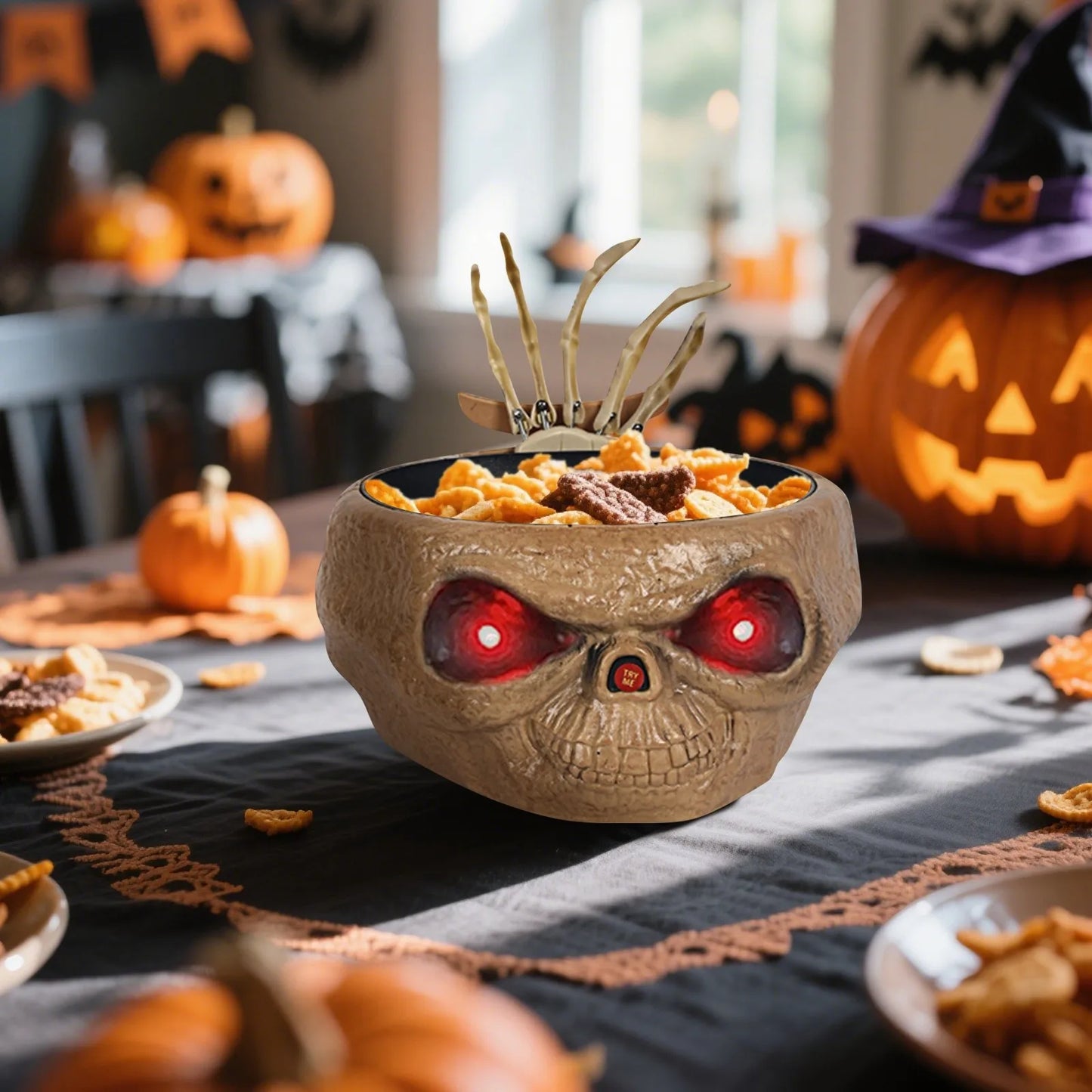 Halloween slikskål bevægelsessensor spøg med LED-øjne og skelet hånd, Halloween 2025 fest midtpunkt