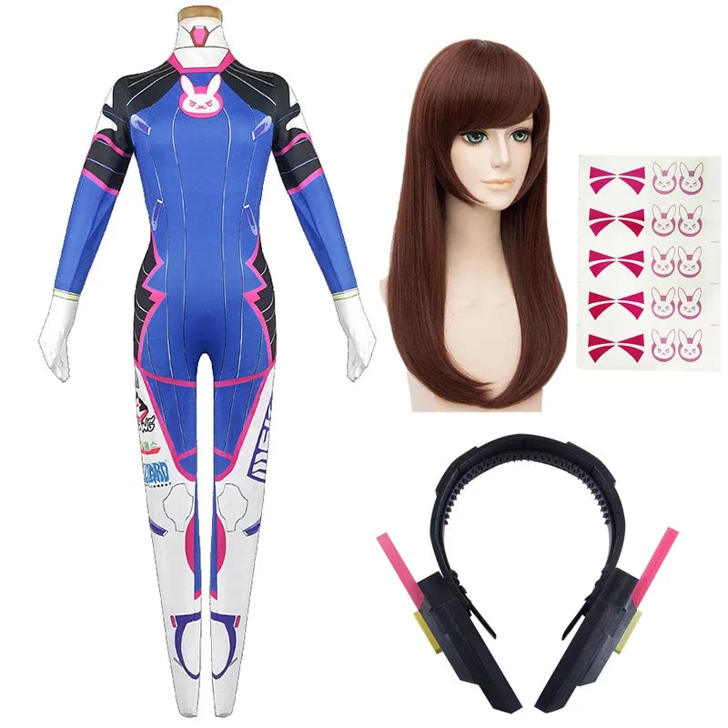 Overwatch DVa Meka Pilot Zentai Jumpsuit Cosplay Costume Set with Wig Headphones and Gun Props 2026