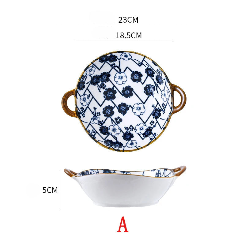 7.5 tums japansk keramisk nudelskål med handtag blå