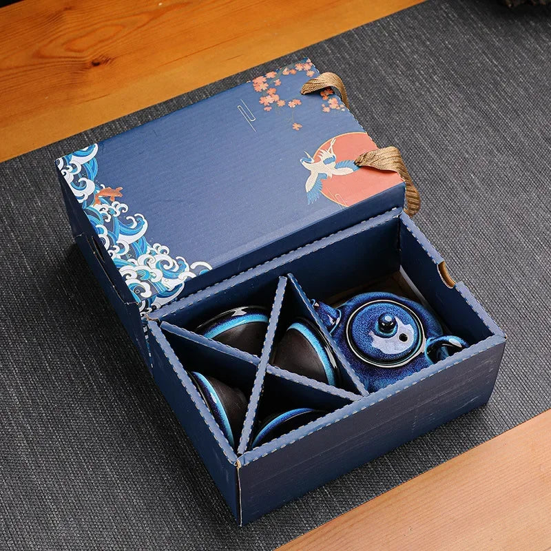 Jun Kiln Ceramic Tea Set With Gift Box Blue Premium Glaze