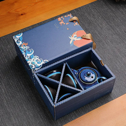 Jun Kiln Ceramic Tea Set With Gift Box Blue Premium Glaze