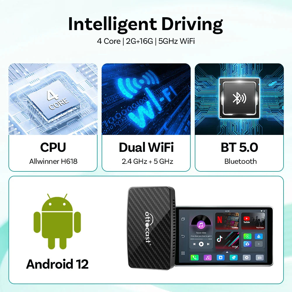 CarPlay Box Draadloze AI Auto Adapter Ingebouwd YouTube Netflix Android Auto 5G WiFi Najaar 2025 Voor de meeste auto's
