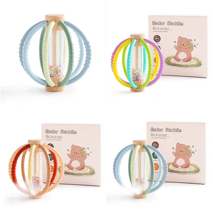 Baby Rattle Silicone Teether Wooden Newborn Sensory Toys