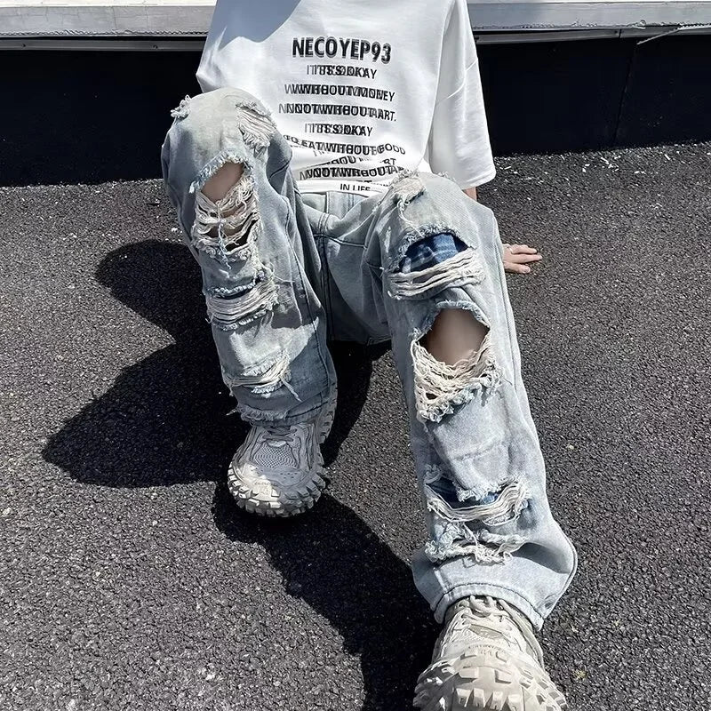 Oversized Relaxed Mens Jeans - Ripped Straight Leg Denim