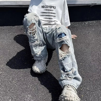 Oversized Relaxed Mens Jeans - Ripped Straight Leg Denim