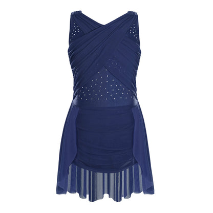 Lightweight Girls' Leotard - Rhinestone Embellished, Mesh Skirt, Polyester/Nylon/Elastane, For Ballet, Gymnastics