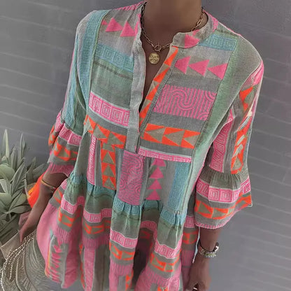 V-hals Ruffles Boho Mini Kjole - Forår Casual Vintage A-Line Flare Ærme Kjole