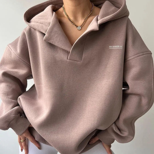 Oversized Cozy Women's Hoodie - Boxy V Notch, Fleece