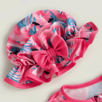 Let spædbarn pige badedragt heldragt – langærmet lynlås, flamingo blomsterprint, polyester, til sommer