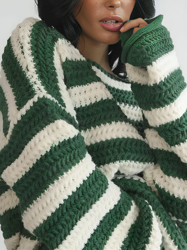 Pull tricoté rayé oversize pour femmes - épais, décontracté