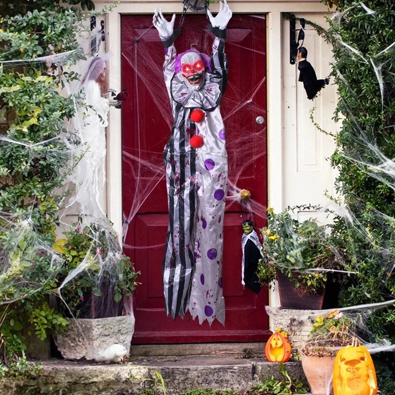 Animatronische hangende clownverpleegster met spraakbediening, elektrisch Halloween-griezelrekwisiet voor buiten en spookhuizen 2026