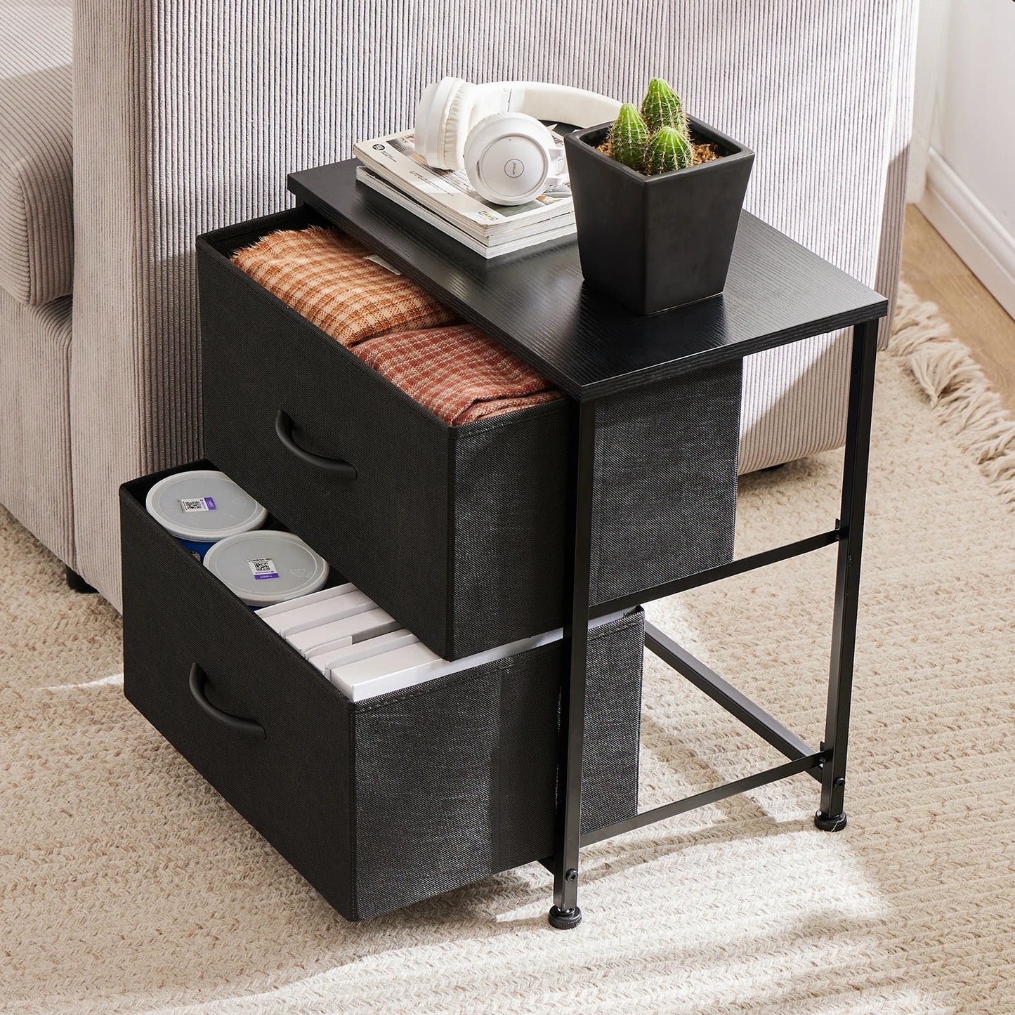 Versatile 2-Drawer Nightstand with Fabric Storage for Bedroom and Living Room