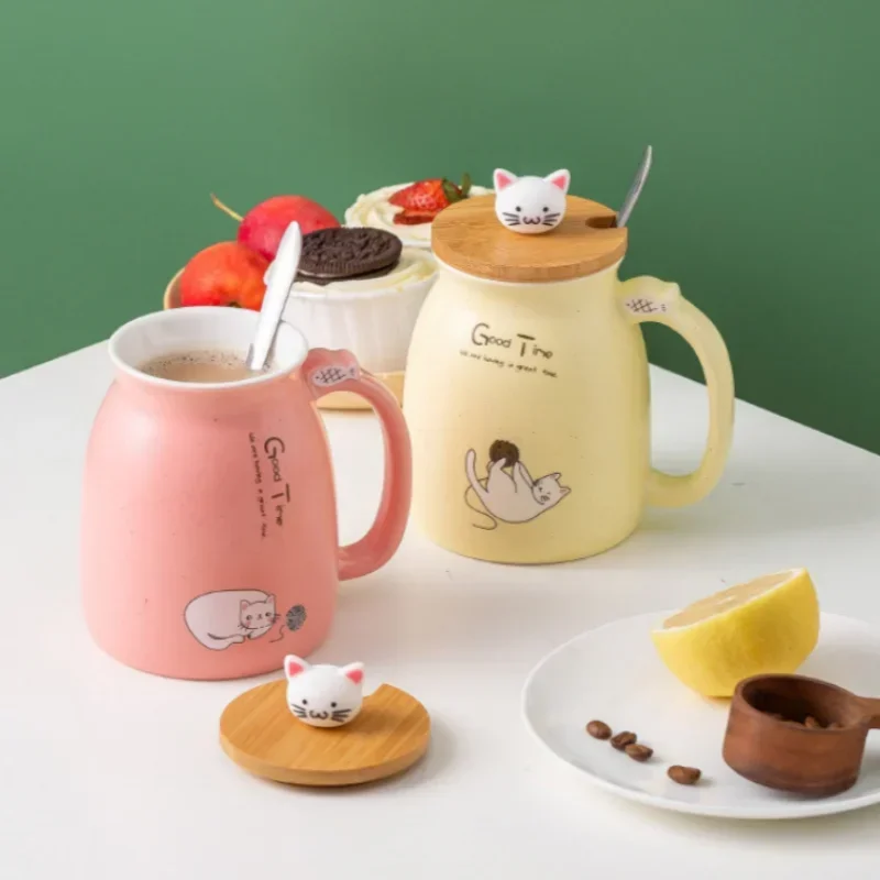 Ceramic Mug With Wooden Lid And Spoon Cute Cartoon Cat Design Gift Ready Spring 2026 Kitchen Essential