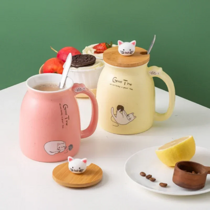 Ceramic Mug With Wooden Lid And Spoon Cute Cartoon Cat Design Gift Ready Spring 2026 Kitchen Essential