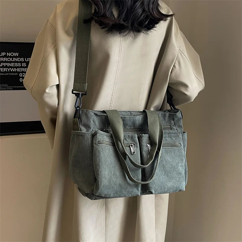 Relaxed women's corduroy messenger bag – multi-pocket, casual commuter tote, oversized