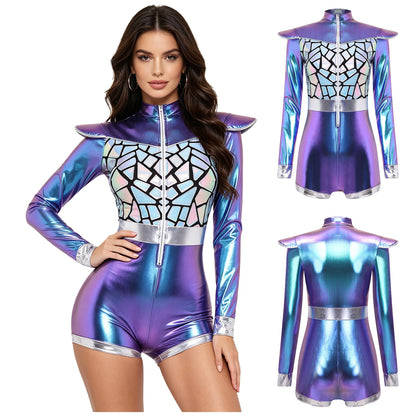 Zilverkleurige metallic astronauten-alien-tutu-jurk voor vrouwen, cosplayruimtecadetromper, Halloweenfeestjurk 2026