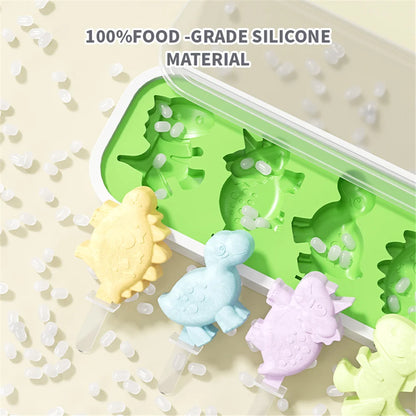 Dinosaur-Shaped Ice Cream Mold and Ice Pop Maker with Lid and Sticks, Food-Grade Silicone, Non-Stick, Temperature Resistant