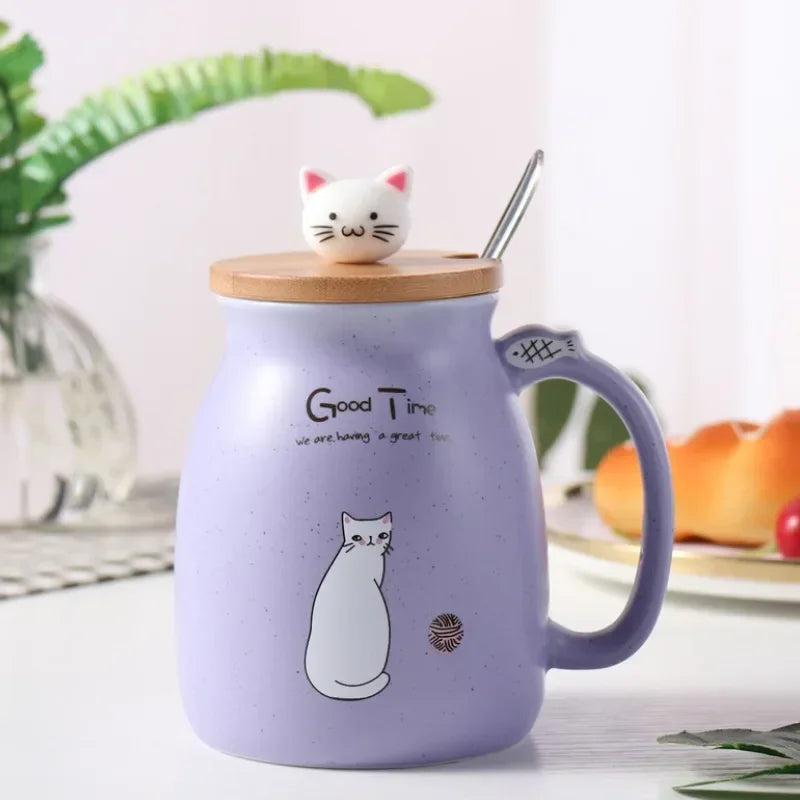 Ceramic Mug With Wooden Lid And Spoon Cute Cartoon Cat Design Gift Ready Spring 2026 Kitchen Essential