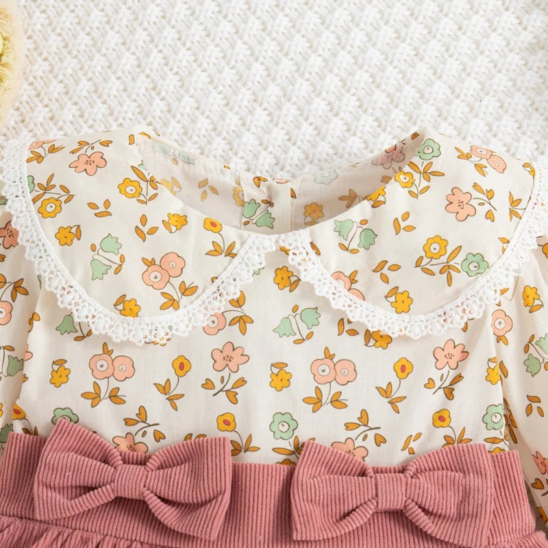 Soft Flowy Girls' Floral Long-Sleeve Dress - Bow-Detailed Waist, Polyester, For Spring And Autumn