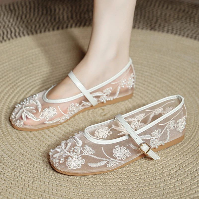 Lightweight Women’s Ballet Flats - Mary Jane Mesh, Beaded