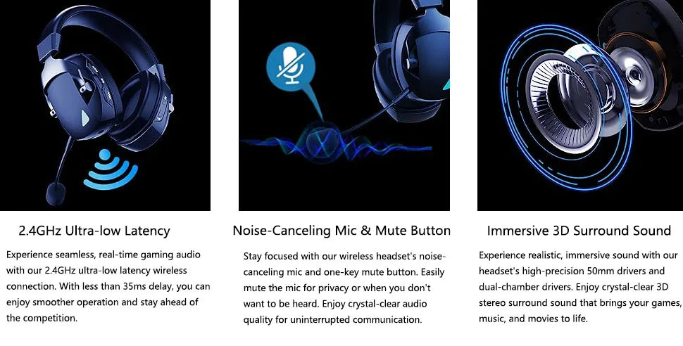 Wireless Gaming Headset Detachable Mic Multi Mode Comfort