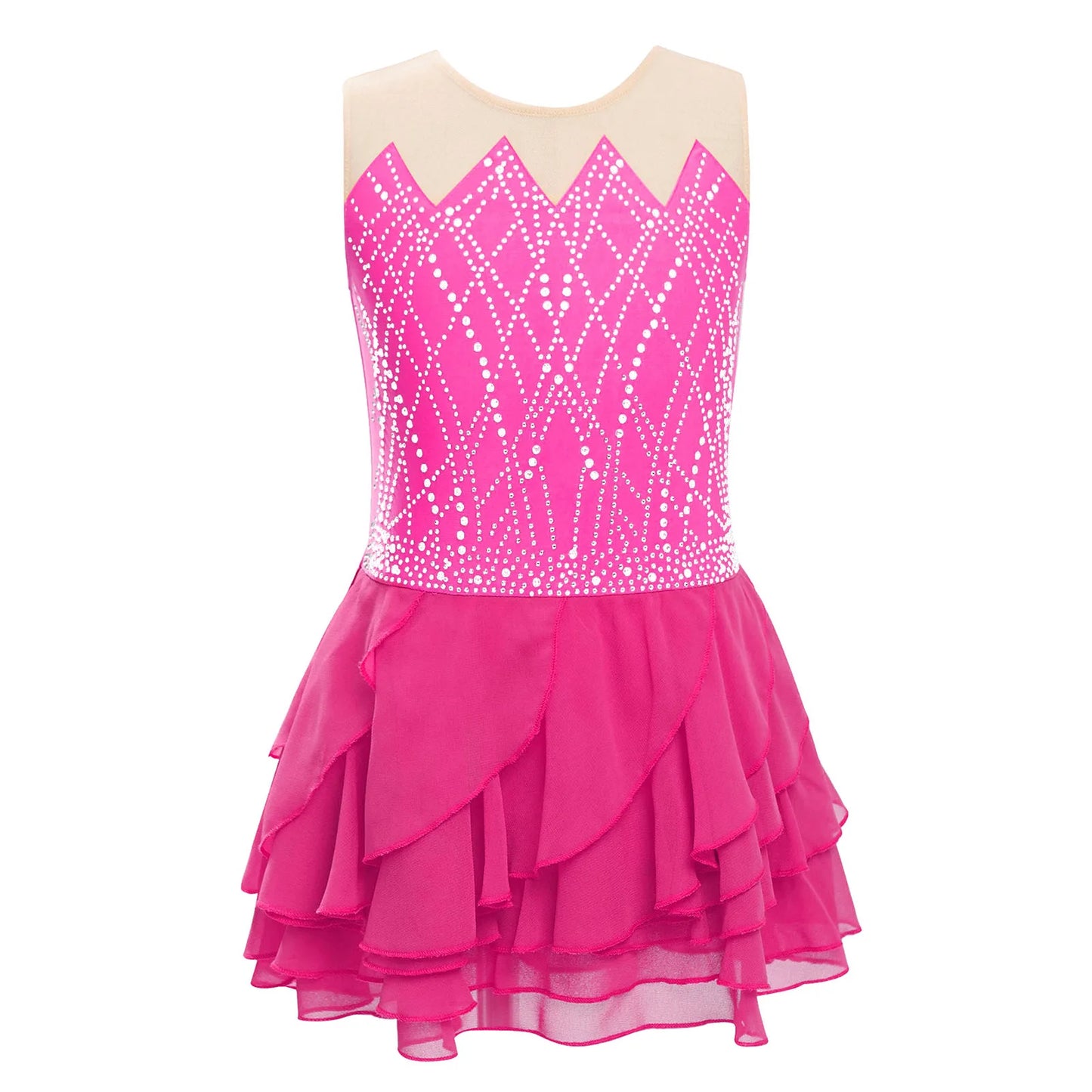 Lightweight Girls' Leotard - Rhinestone Embellished, Mesh Skirt, Polyester/Nylon/Elastane, For Ballet, Gymnastics