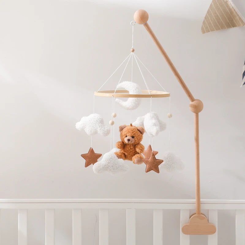 Wooden Crib Mobile Felt Bear Musical Newborn Sensory Toys