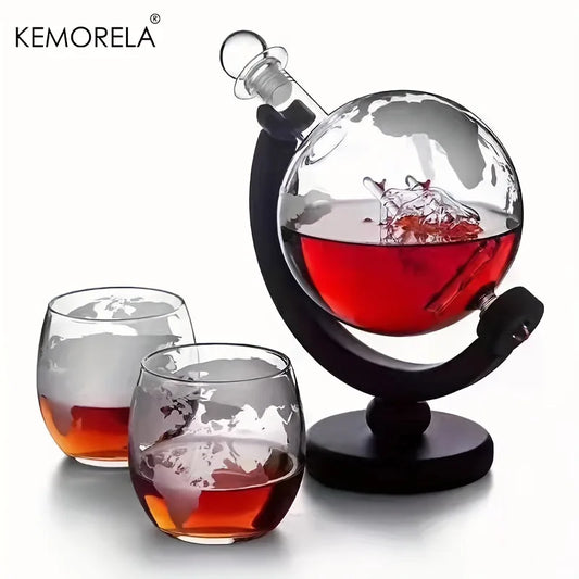Whiskey Decanter 900ML Globe Set With Lead Free Carafe And Wood Stand Glasses, Holiday Gift Fall 2025 Elegant Bar Decor